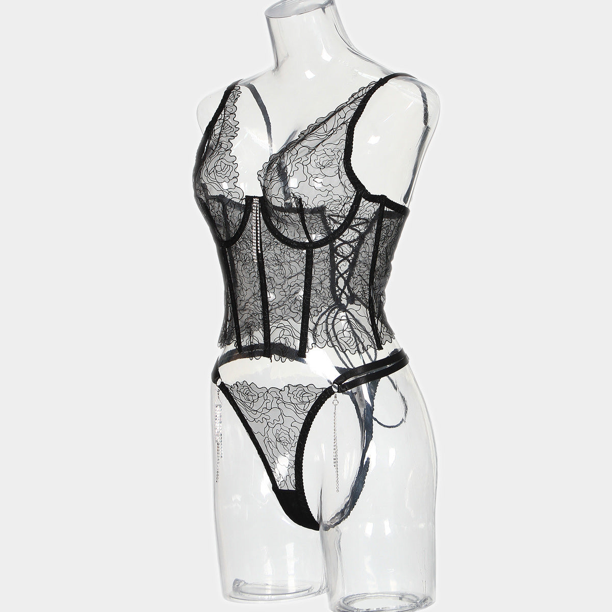 Flower Embroidery Tassel Chain Underwear Two-piece Set