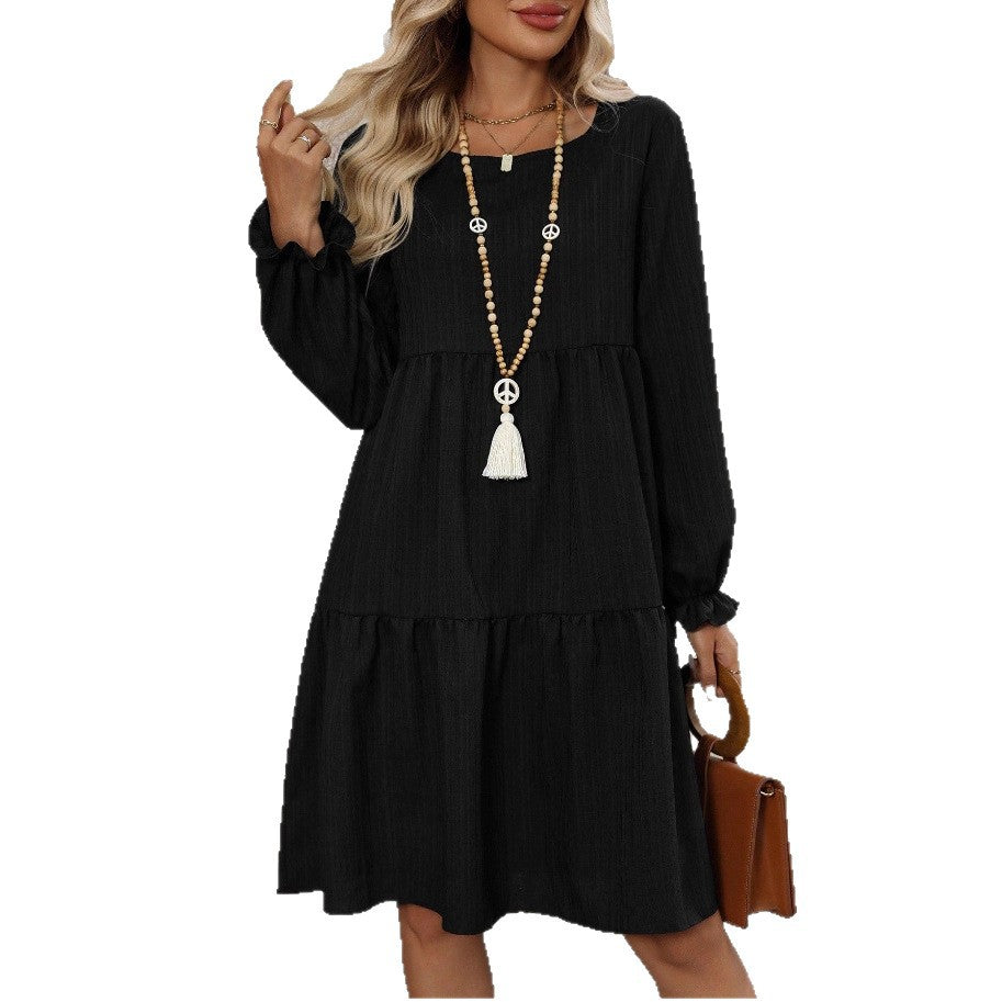 Womens Solid-Color Crew-Neck Casual All-Match Dress
