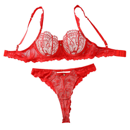 Gathered Steel Ring Bra Set French Mesh See-through Sexy Underwear Two-piece