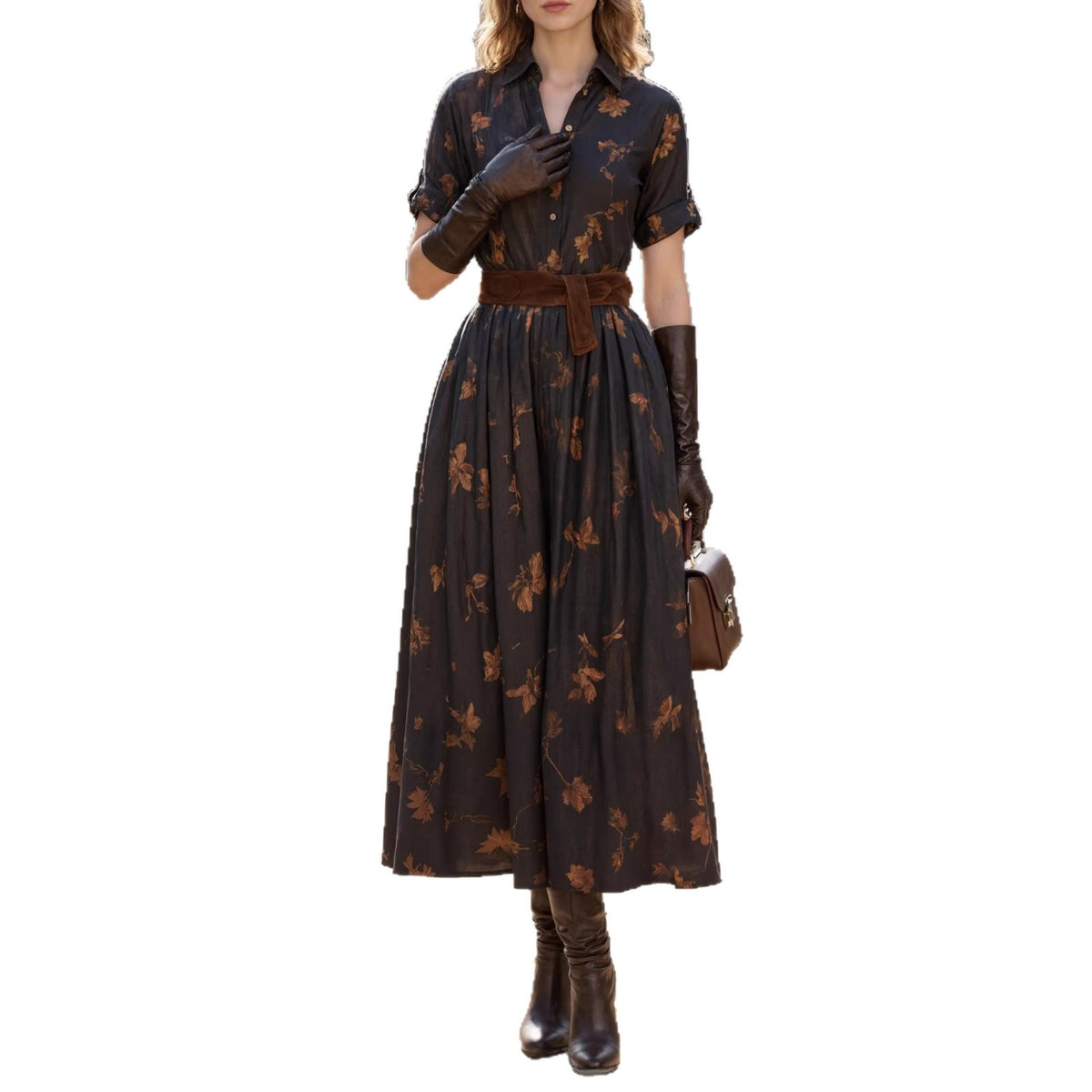 Womens Casual Retro Printed Waist-Cinching Short-Sleeve Dress