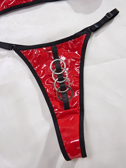 Mesh Patent Leather Women's Underwear Push Up Bra With Steel Ring Two-piece Set