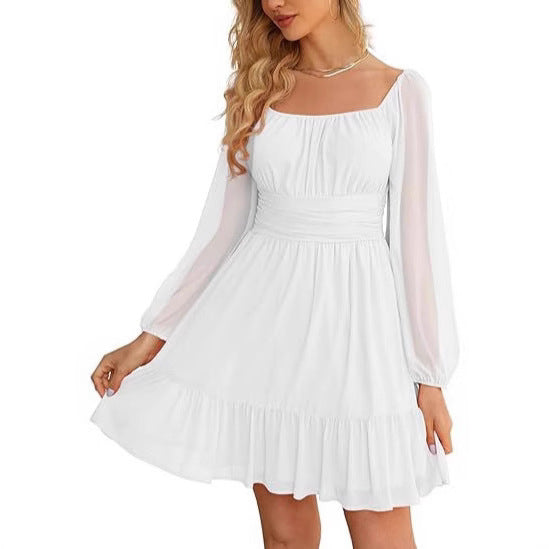 European And American Womens Mesh Long-Sleeve Square-Neck Dress