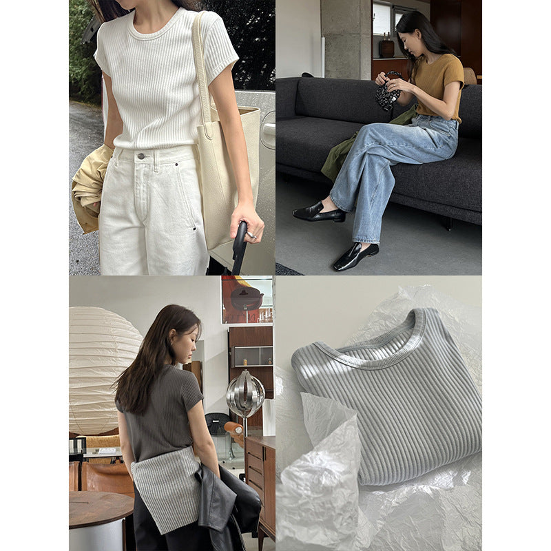 Women's Summer Round Neck Texture Short Sleeve T-shirt Top