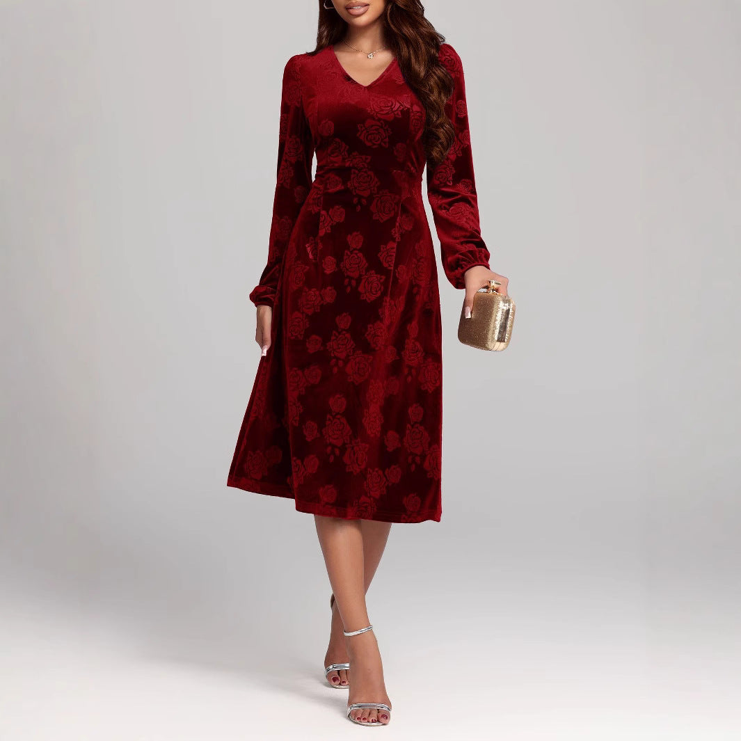 Womens Solid-Color Mid-Length Gold Velvet Embossed V-Neck Dress