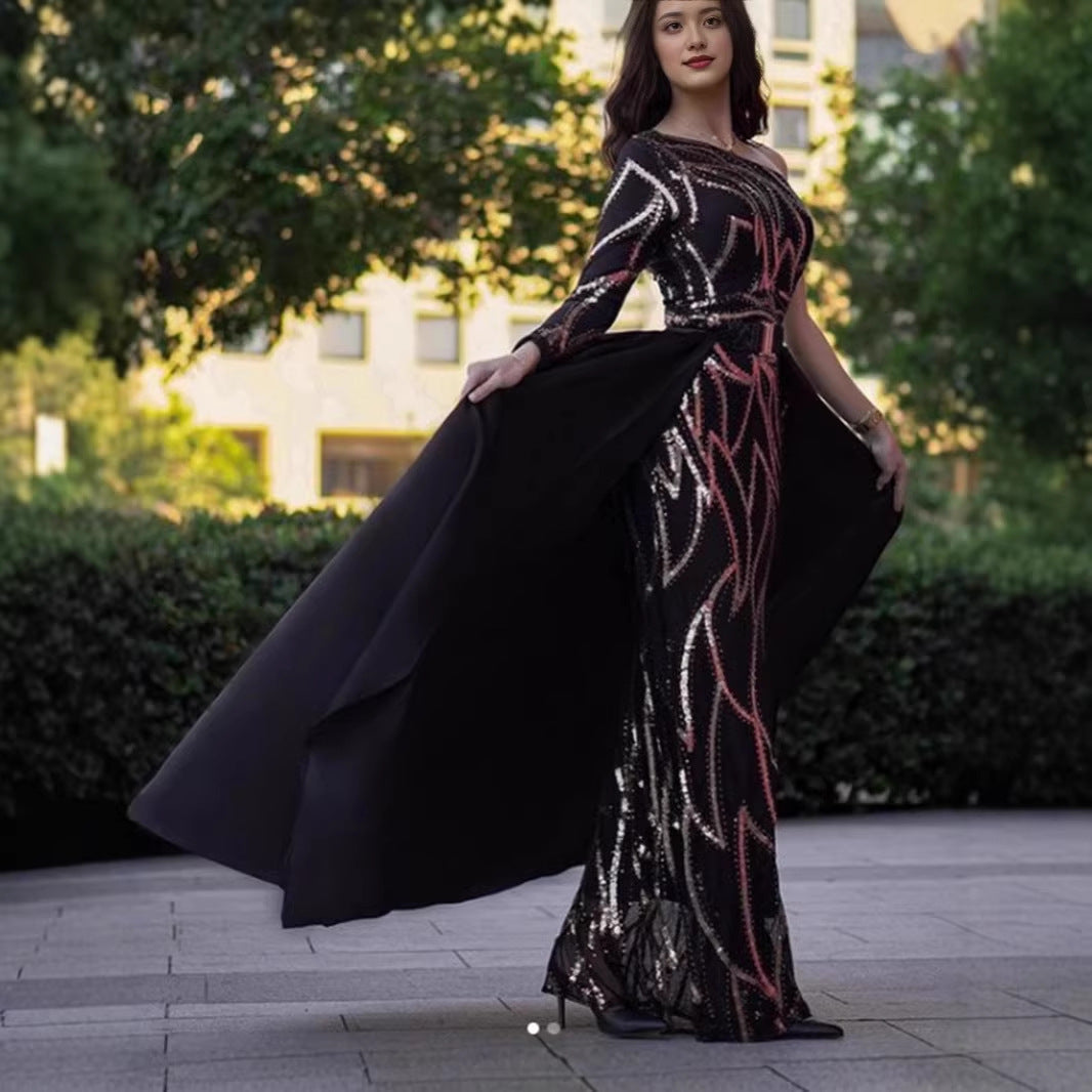 Mid-waist Off-the-shoulder Hostess Evening Gown Maxi Dress For Banquets