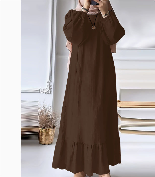 Fashion Solid Color Round Neck Ruffled Long Sleeve Dress