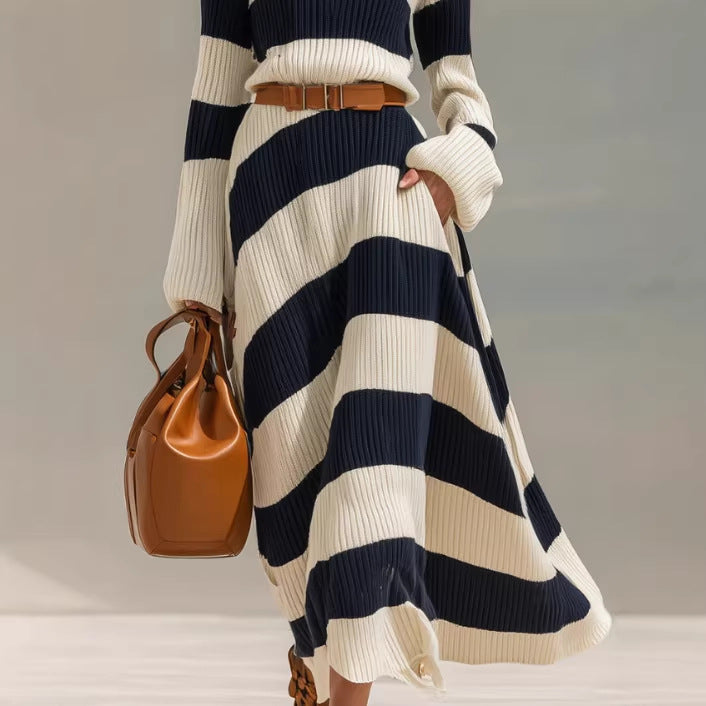Navy And White Contrast-striped Long-sleeve Dress