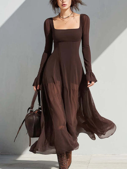 Womens Solid-Color Long-Sleeve U-Neck Dress