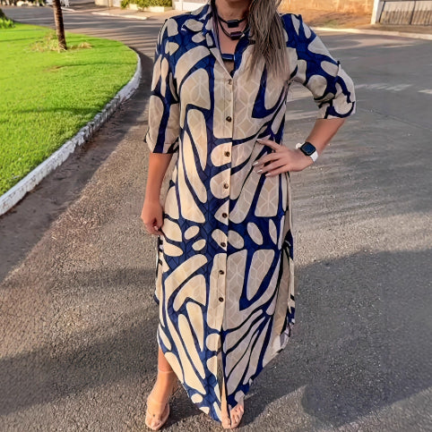 Womens Stylish And Elegant Striped Long-Sleeve Cardigan Long-Button Front Dress