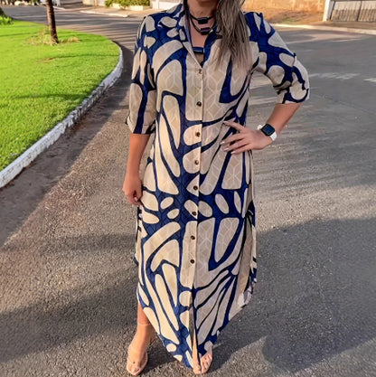 Womens Stylish And Elegant Striped Long-Sleeve Cardigan Long-Button Front Dress