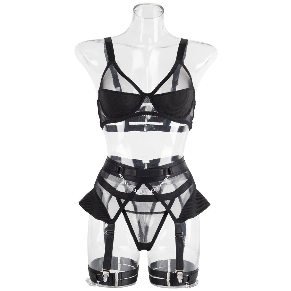 Black Steel Ring Mesh See-through Chain Underwear 4 PCs Set