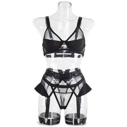 Black Steel Ring Mesh See-through Chain Underwear 4 PCs Set