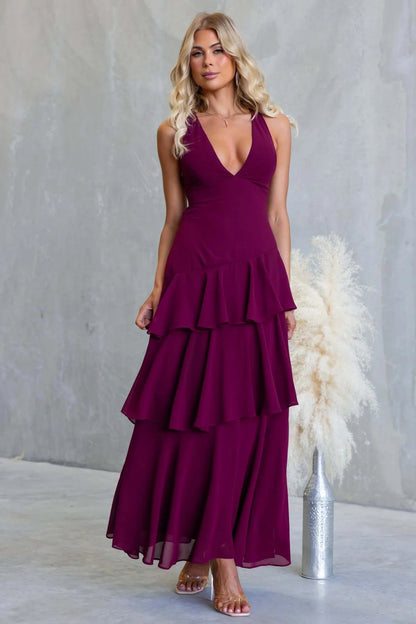 V-neck Solid Color Cake Splicing Long Backless Lace Up Dress