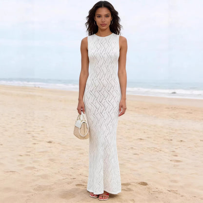 Solid Color Cutout Figure Hugging Knit Dress With A Round Neck And No Sleeves