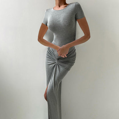 Womens Solid-Color Crew-Neck Slim-Fit Sexy Slit Dress