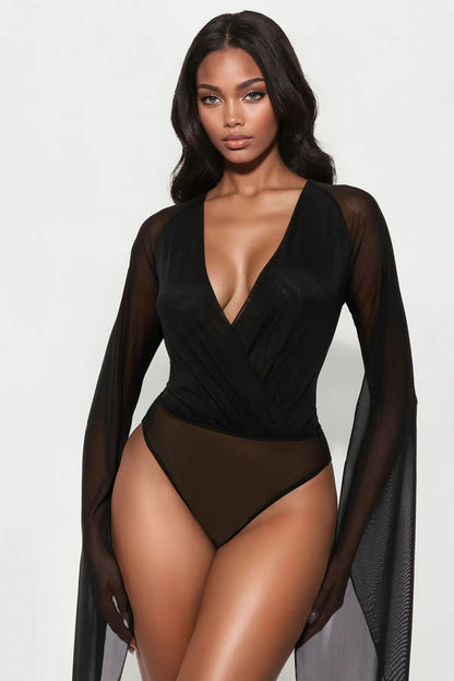 Mesh Sheer Deep-V Low-cut Mini Bodysuit