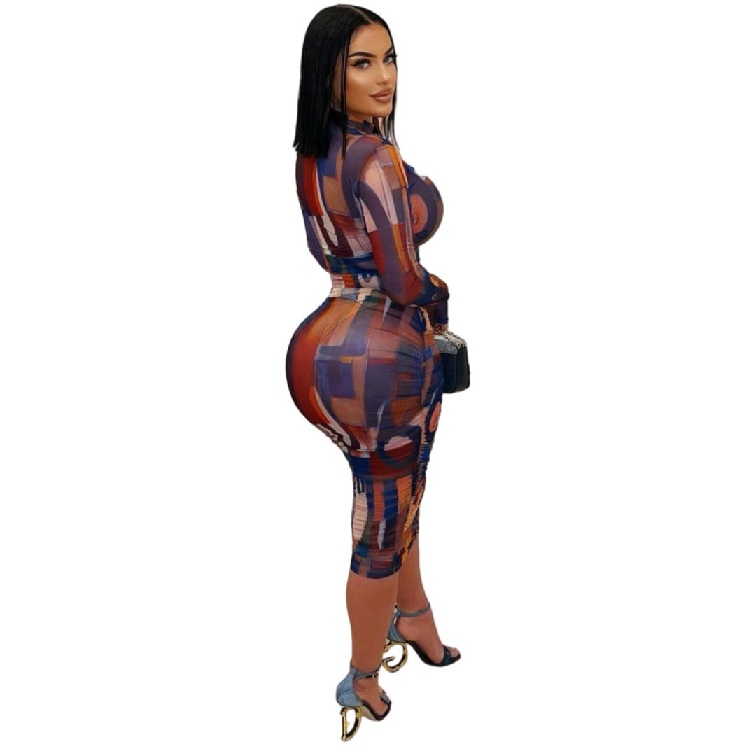 Fashionable And Elegant Printed Mesh Ruched Dress