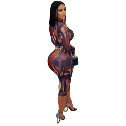 Fashionable And Elegant Printed Mesh Ruched Dress