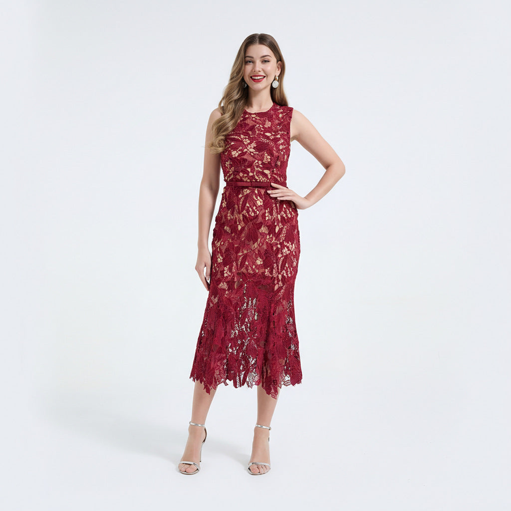 Lace Hollowed Out Sleeveless Waist Cinched Fish Tail Dress