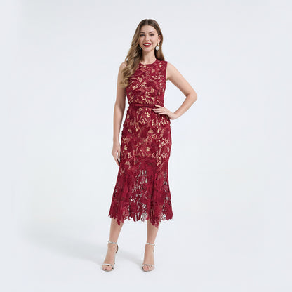 Lace Hollowed Out Sleeveless Waist Cinched Fish Tail Dress