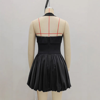 Womens Solid-Color Bud-Shape Halterneck Mini Dress