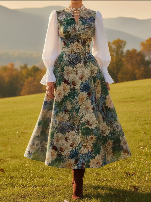 Retro Casual V-Neck Printed Long-Sleeve Womens Dress