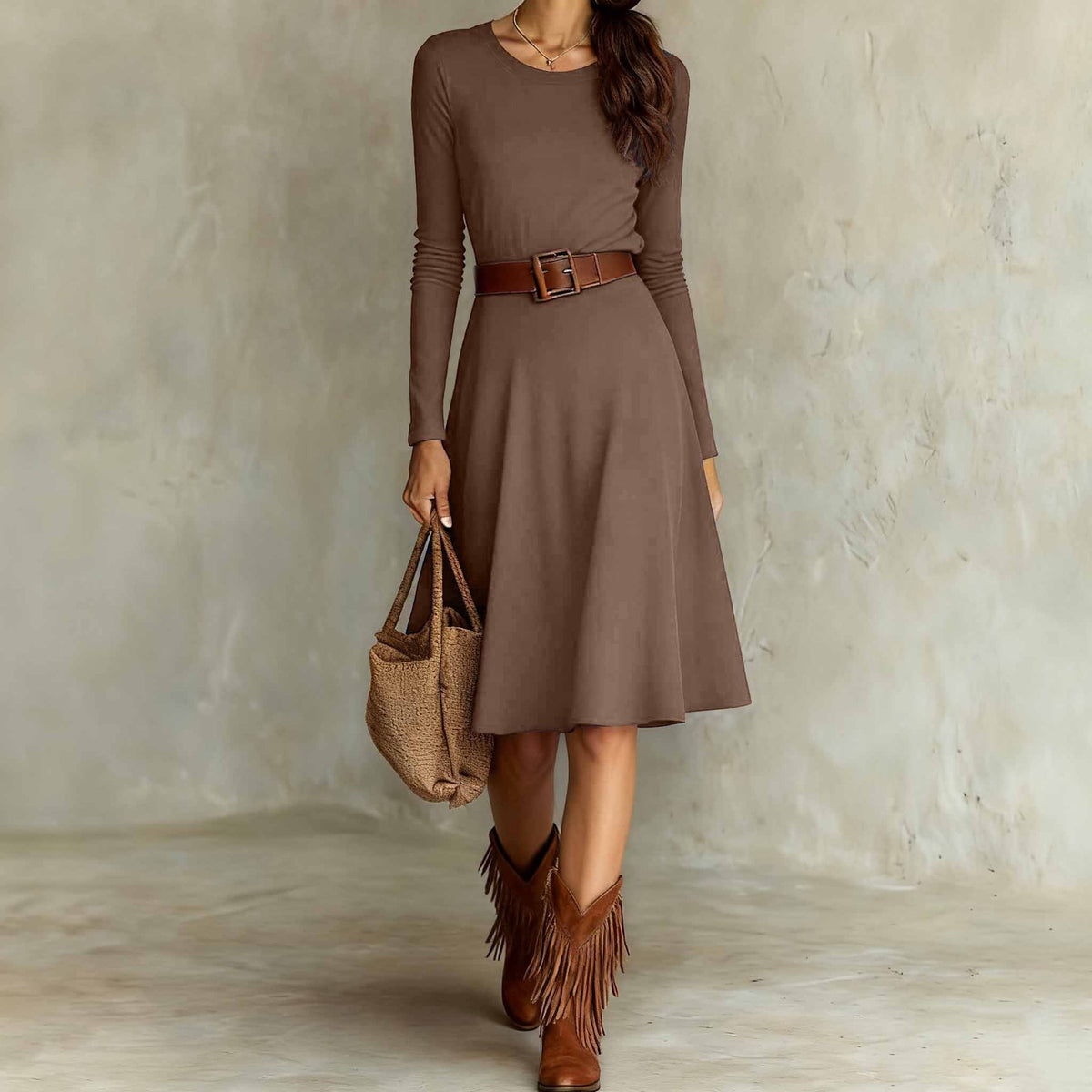 Elegant Western-style Crew-neck Long-sleeve Dress Springautumn