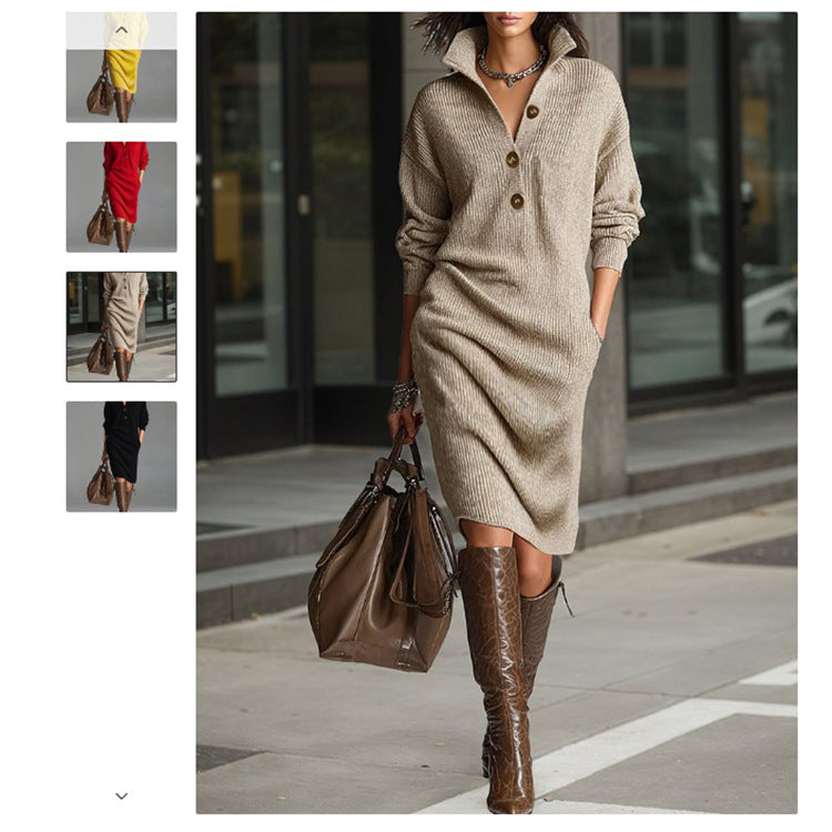 Casual Button Lapel Straight Knit Medium To Long Haired Dress