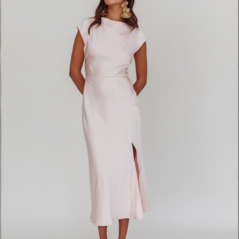 Womens Slim Elegant Split Formal Dress A Sophisticated Solid-color Workwear Dress