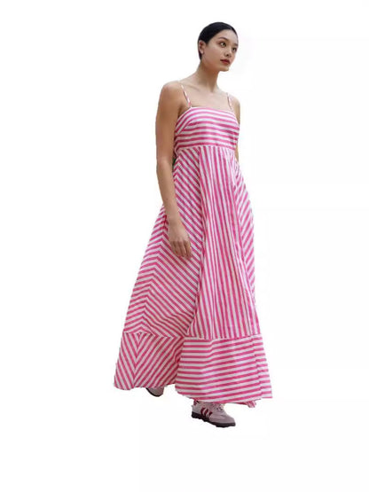 Elegant Printed Striped High-Waist Swing Dress