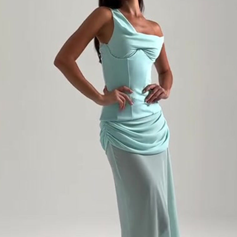 Womens Elegant Fashionable Off-shoulder Sleeveless Patchwork Dress