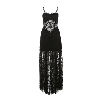 Womens Black Lace Slip Dress With A See Through Bustier Design