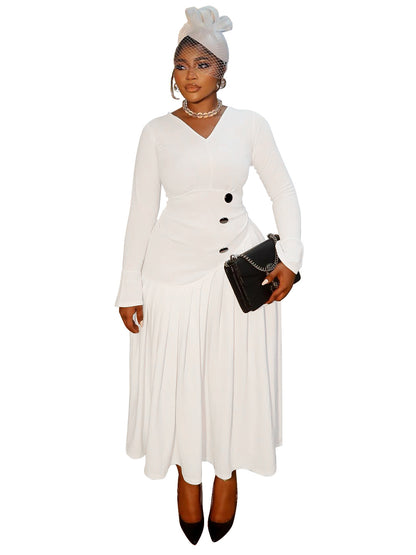 V-neck Waist-cinching Fashionable Pleated Maxi Skirt