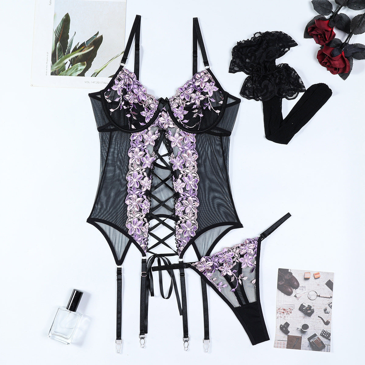 Embroidered Split Sexy Suspenders Underwear Overall Dress Suit Stockings Three-piece Set