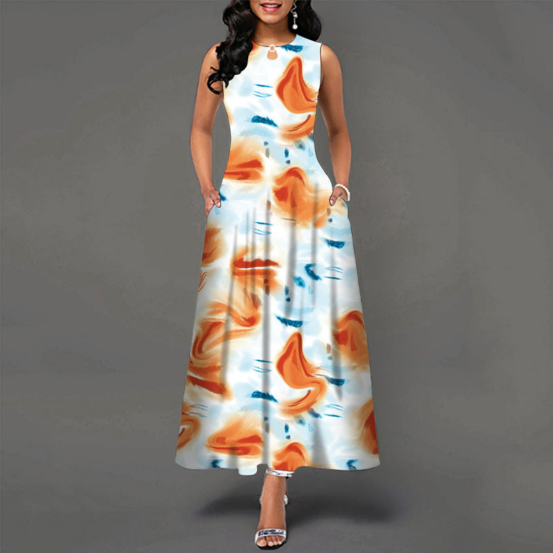 Womens Printed Crew-Neck Sleeveless Tank Dress