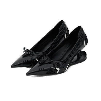 Women's Black Pointed Toe Shaped Floating Heel Mary Jane Shoes