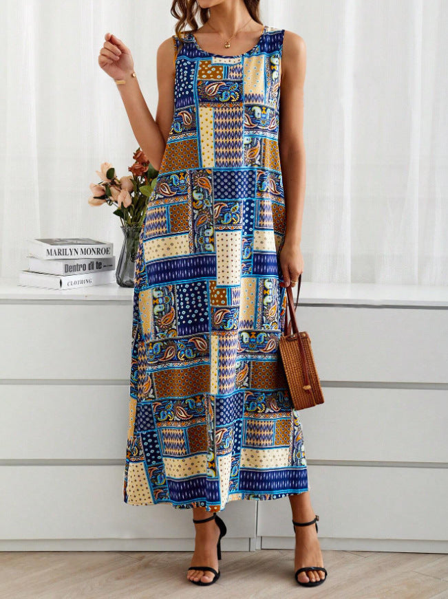 National Style Patchwork Print Dress With A Casual V-neck Design