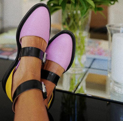 Closed Toe Flat Sandals Women's Shoes Round Toe Color-blocking Low Square Heel Buckle Round Toe Women's Large Size Fashion Shoes