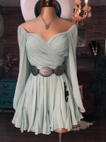 Mesh Long Sleeved Pleated Chest Wrapped Dress