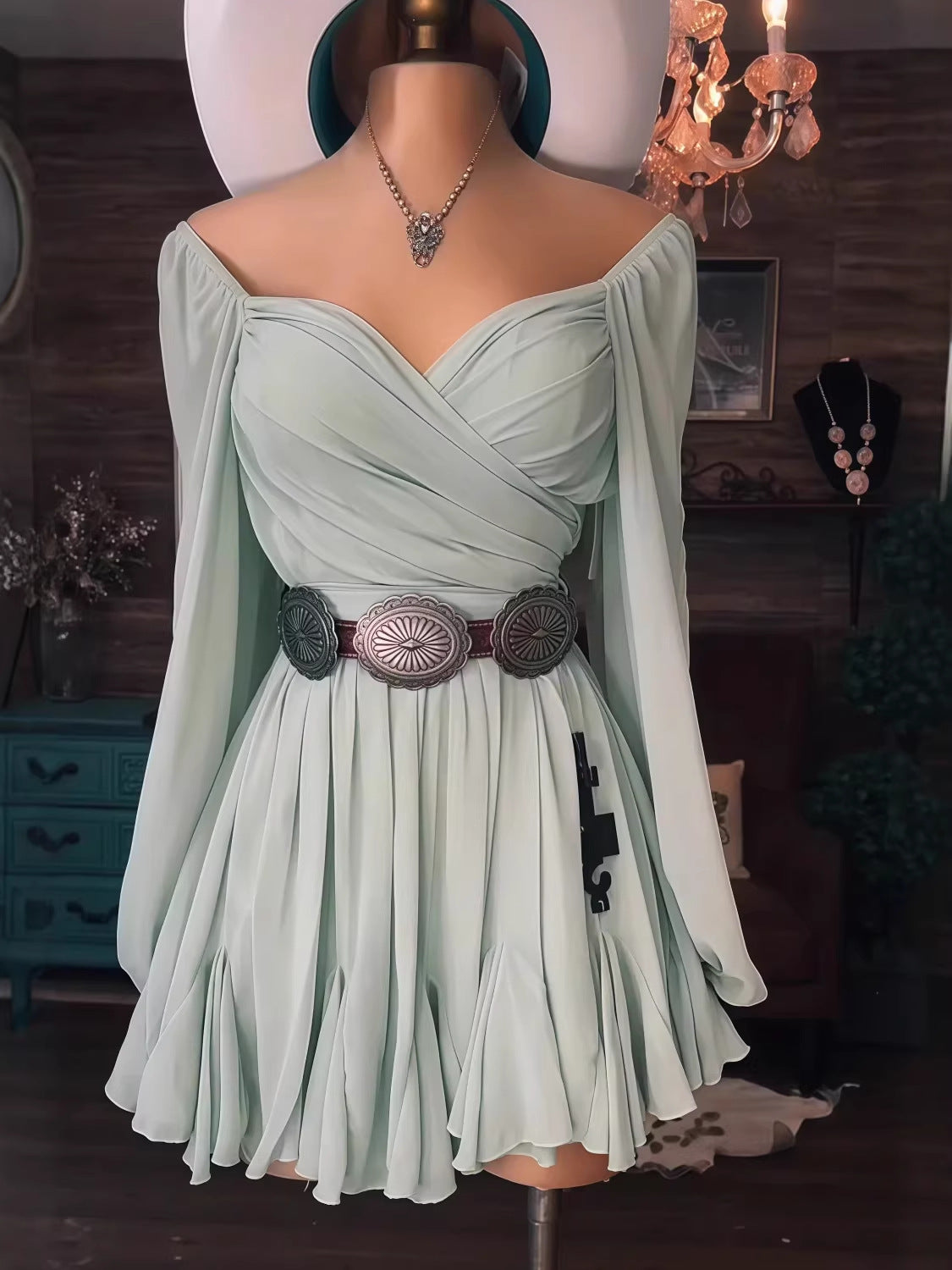 Mesh Long Sleeved Pleated Chest Wrapped Dress