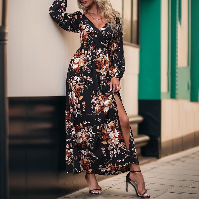 Elegant High-end Split-back Long-sleeve V-neck Printed Dress