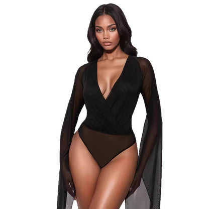 Mesh Sheer Deep-V Low-cut Mini Bodysuit