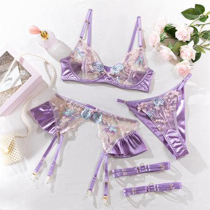 Embroidered Flower See-through Steel Ring Push Up Underwear