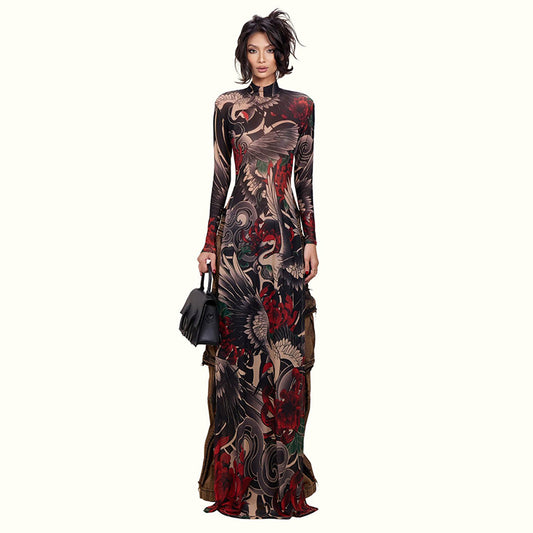 Stylish Half-high-neck Long-sleeve Top With A Bold Animal Print Featuring A High Slit For A Modern Edgy Look