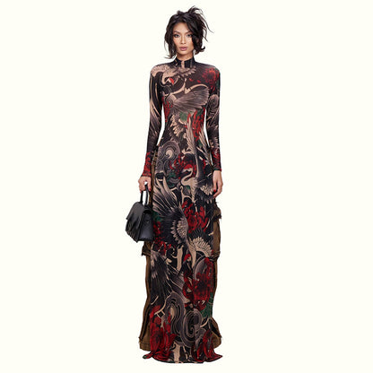 Stylish Half-high-neck Long-sleeve Top With A Bold Animal Print Featuring A High Slit For A Modern Edgy Look