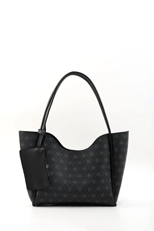 Monogram Black Faux Leather Hand And Shoulder Bag