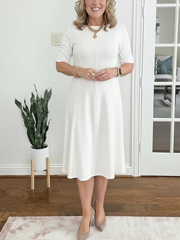 Womens Solid-Color Crew-Neck Short-Sleeve Dress