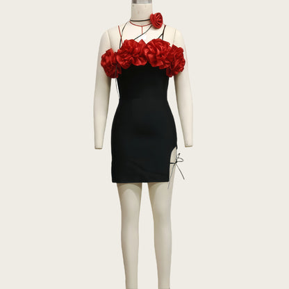 Womens Rose Leather Cord Lace-Up High-End Satin Floral Tube Dress