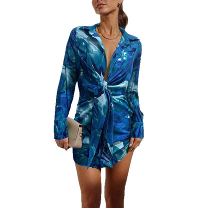 New Satin Dress High-waisted Sexy Printed Shirt Dress