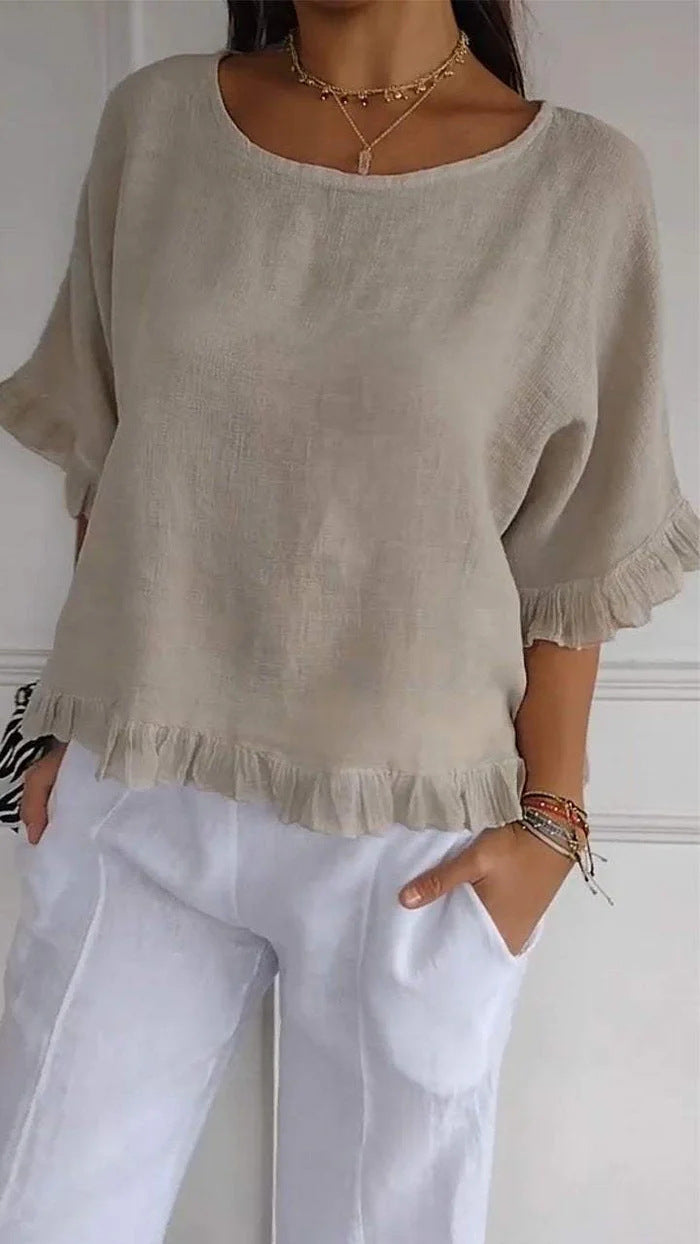 Pure Color Ruffles T-shirt Female Casual Short-sleeved Top